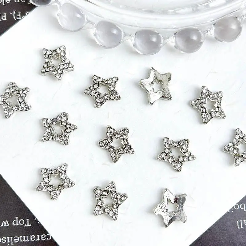 3D Shining Alloy Star Inlaid Rhinestone Nail Charms Punk Silver Metal Nail Art Decorations Manicure DIY Photo Frame Accessories