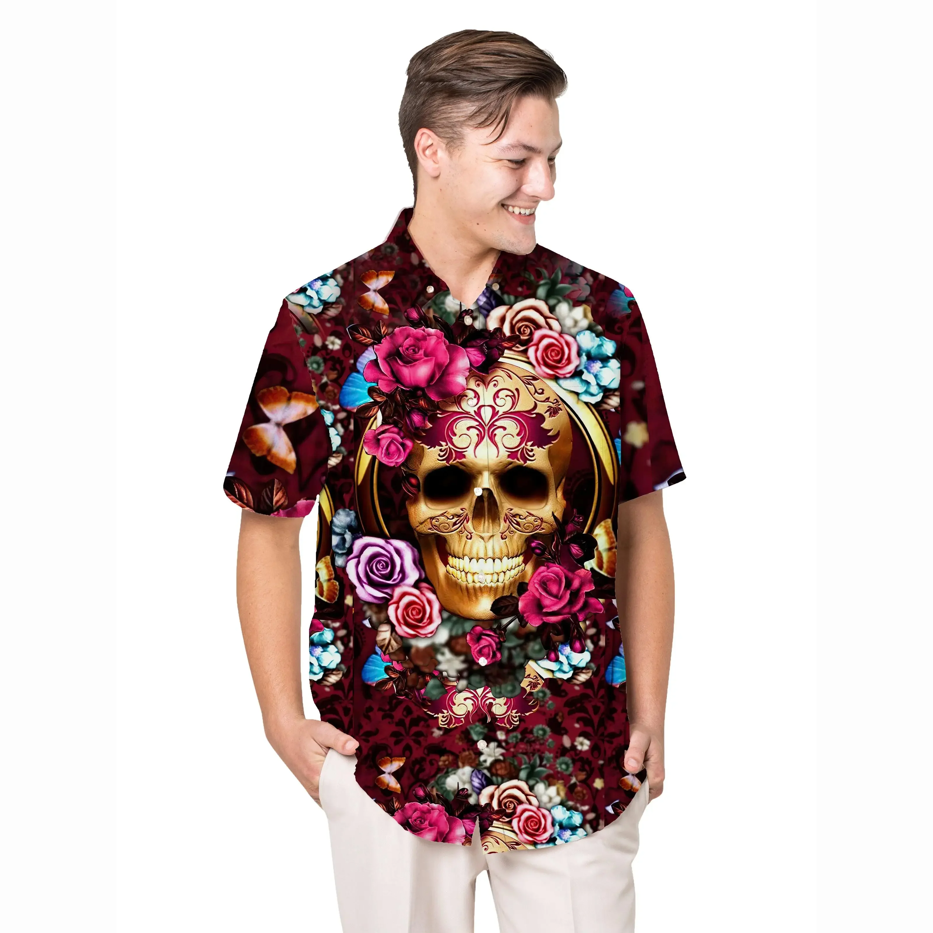 

Jumeast Roses And Skulls Pattern Hawaiian Shirt Hippie Style Graphic Aloha Shirts Tropical Baggy Casual Man Clothing Beach Top