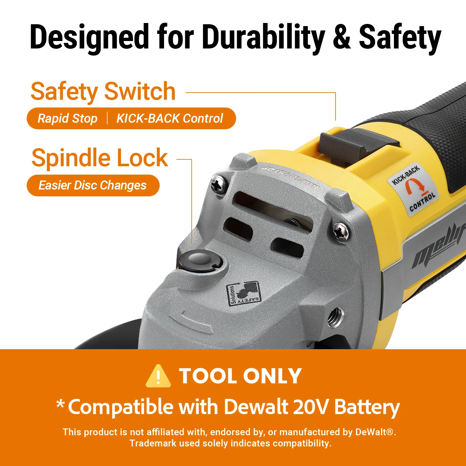 125mm 9600RPM Cordless Brushless Electric Angle Grinder Compatible with Dewalt 18V 20V MAX Battery DIY Woodworking Power Tool