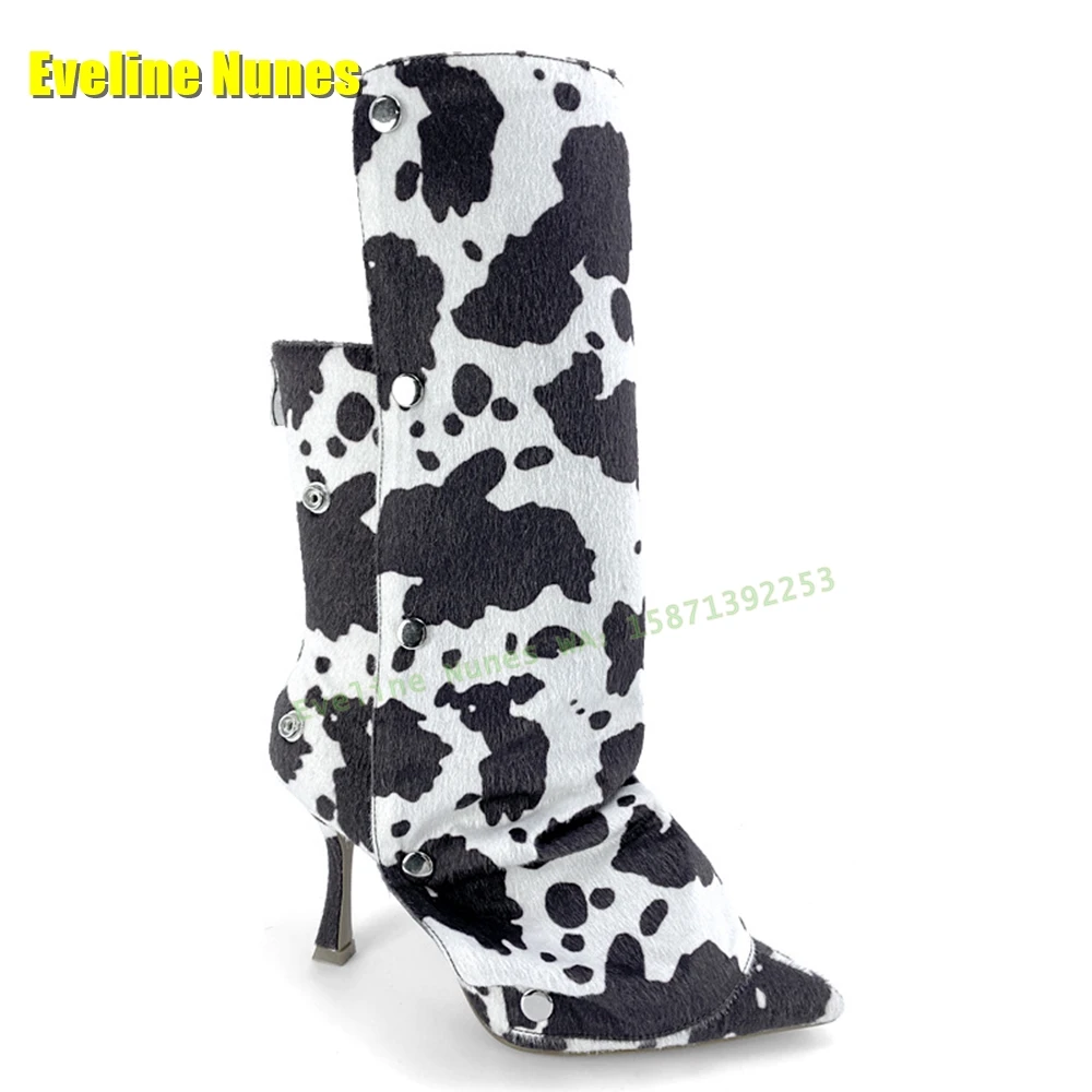 Women Stiletto Knee High Boots Pointed Toe Rivet Wide Calf Ruched Slouchy Booties Fold Over Black Runway Show Shoes Spicy Girl