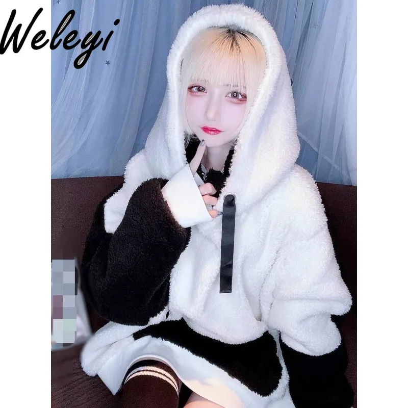 

Kawaii Y2K Steampunk Lamb Wool Hoodies Japanese Women's Autumn and Winter Sweet Angel Wings College Style Mine Loose Plush Coat