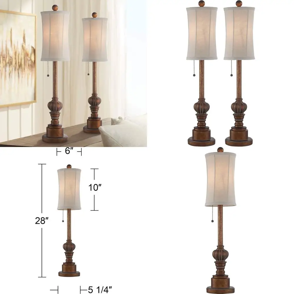 

Natural Cottage Style Buffet Table Lamps Set of 2, 28 Tall Skinny, Warm Brown Wood Tone, Fabric Drum Shade, Traditional Design