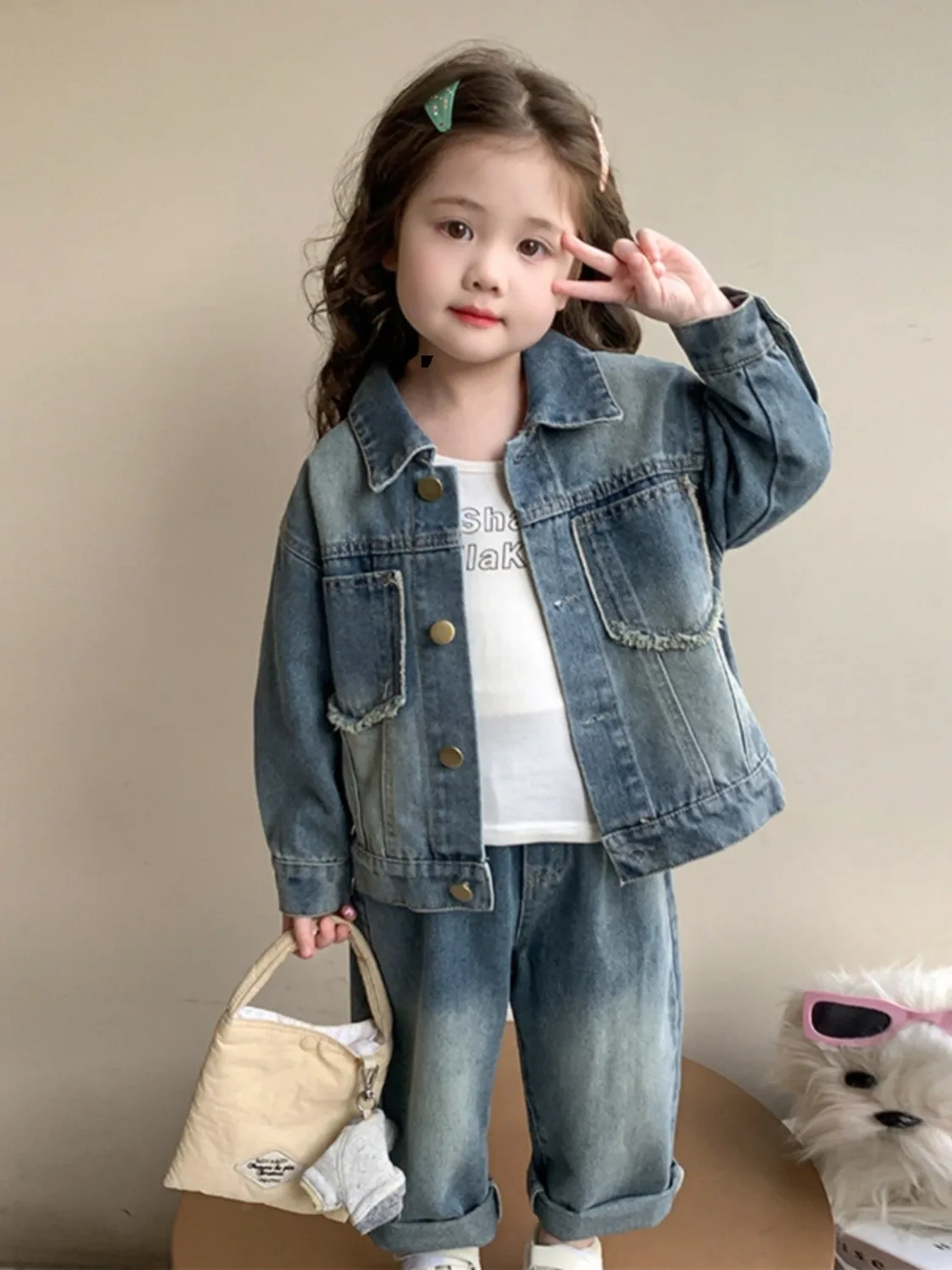 

Girls Clothes Set Spring and Autumn New Children's Korean Denim Jacket+Jeans Two Piece Set 90-140cm