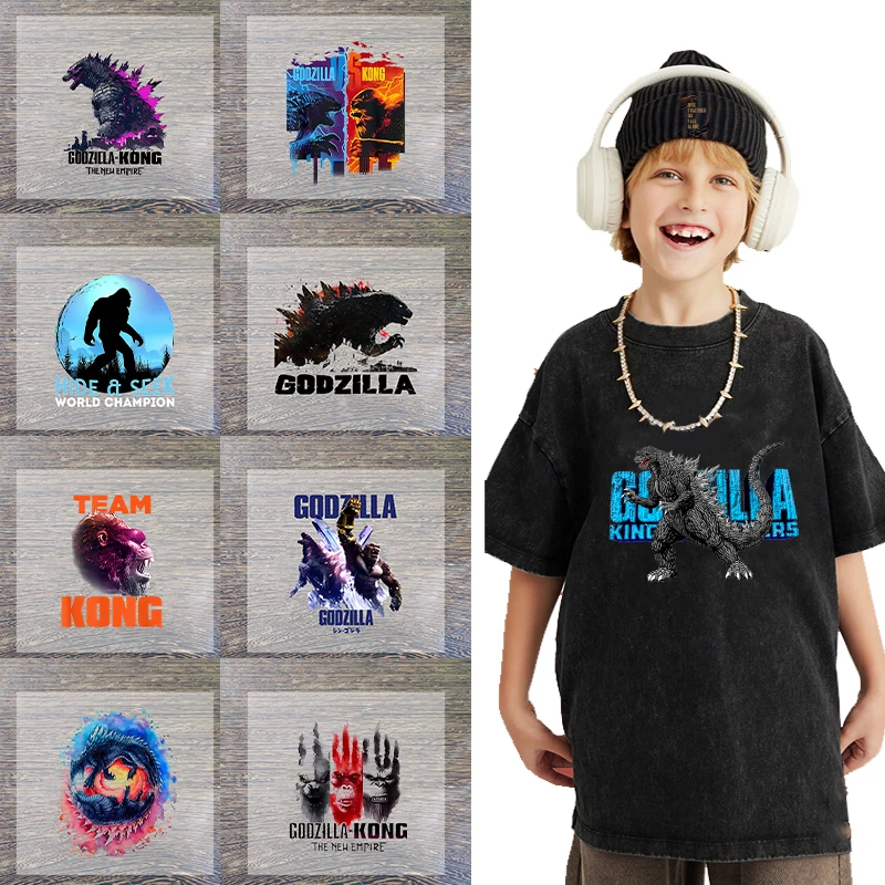 Godzillas VS KingKongs Heat Transfer Stickers New Anime Monster Orangutan Figures Iron on Patches Clothing Cap Bag DIY Appliques