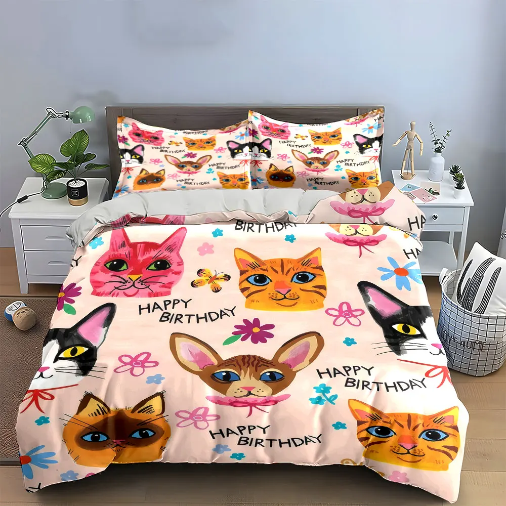 3Pcs Happy Birthday Cat Bedding Set, Colorful Cat Faces and Flowers Print Duvet Cover + 2 Pillowcases, Kids bedroom cute Decor