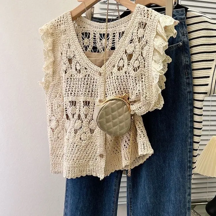 

Женский летний новый топ, однотонный модный свободный вязаный топ с v-образным вырезом, без рукавов, большие размеры, кардиганы на пуговицах, блузка Z103