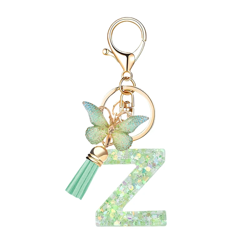 Cute Color Initial Letter A-Z Resin Green Butterfly Lobster Key Ring Women Car Key Ring Letter Name Key Chains DIY Jewelry Gifts