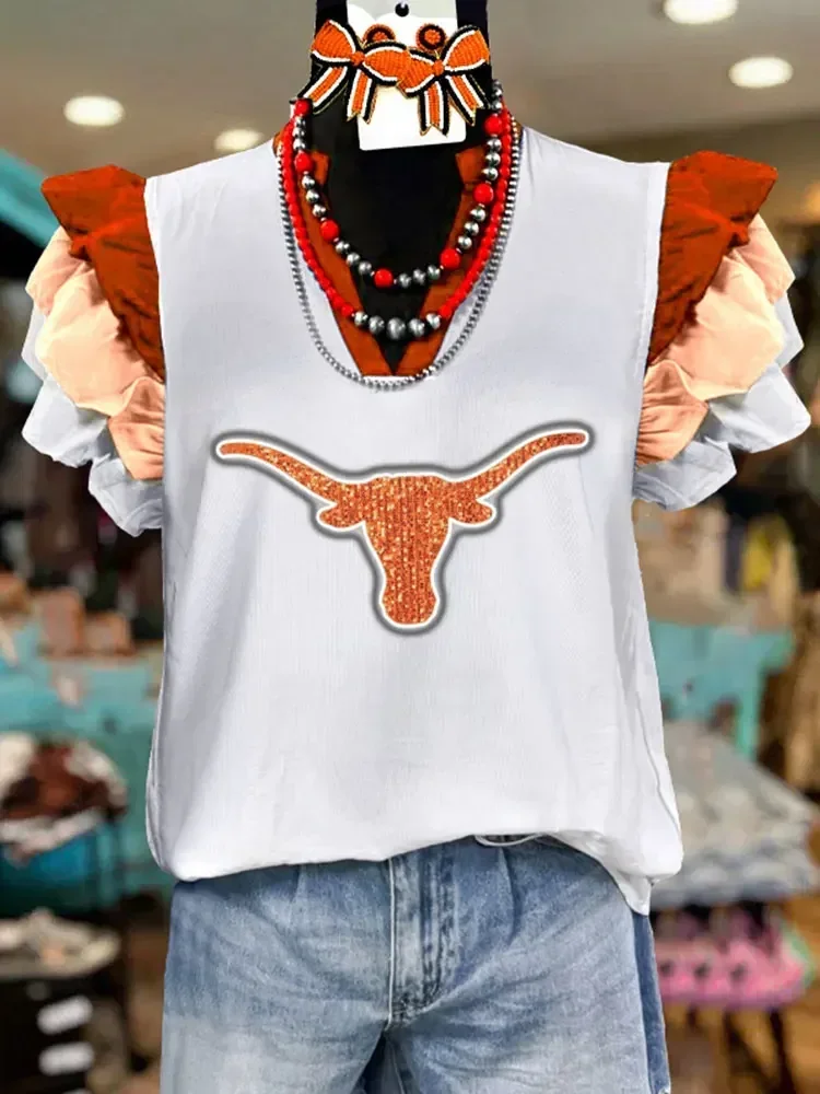 Color Block Ruffle Sleeve Longhorns Shirt Gameday Blouse