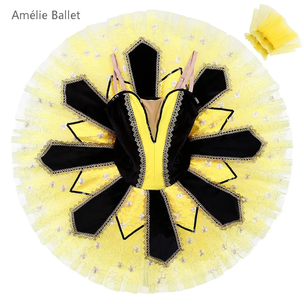 BLL587 Zwart Fluwelen Lijfje met Gele Stijve Tule Tutu Pre-professionele Ballet Tutu Meisjes & Vrouwen Prestaties Danskostuum