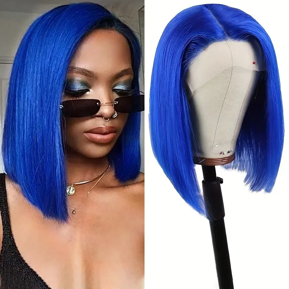 

Blue Short Bob Hair Synthetic Transparent Lace Front Wigs 180 Density for Women Natural Straight 13X4 Glueless Wig Ready To Wear