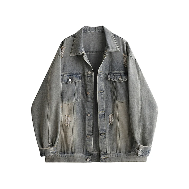 

Men Ripped Blue Denim Jacket Spring Autumn New Korean Casual Loose Versatile Solid Coats Fashion Single Breasted Lapel Tops
