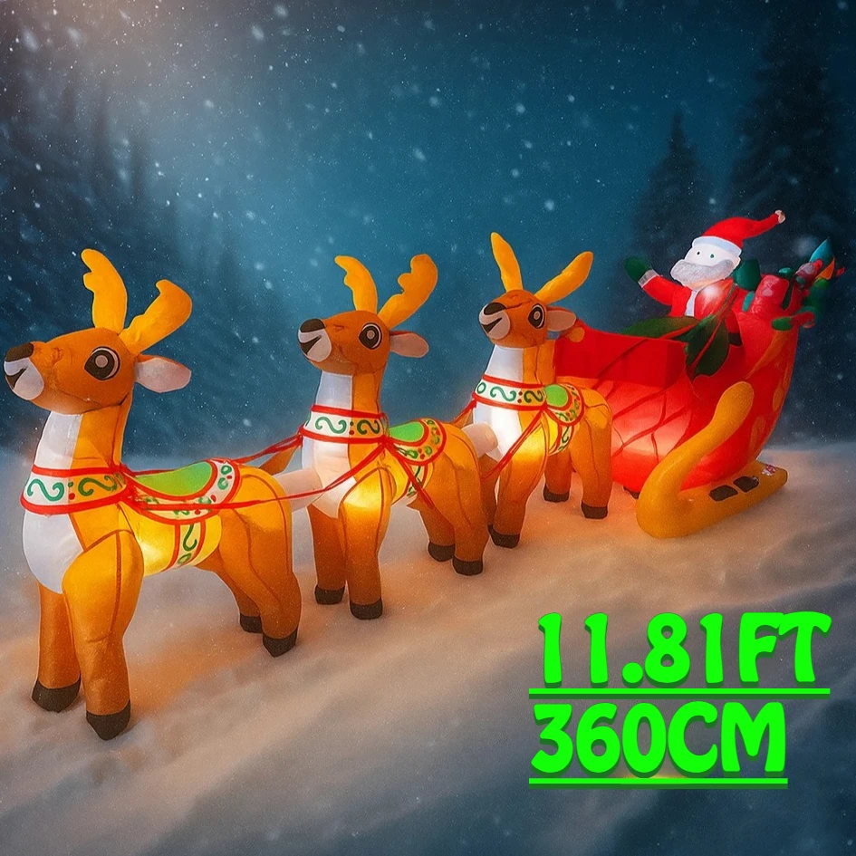 Juguete inflable de 11,81 pies, trineo de Reno de Papá Noel, decoración de patio de Navidad, suministros de Navidad iluminados con LED, adorno para decoración del hogar, regalo festivo