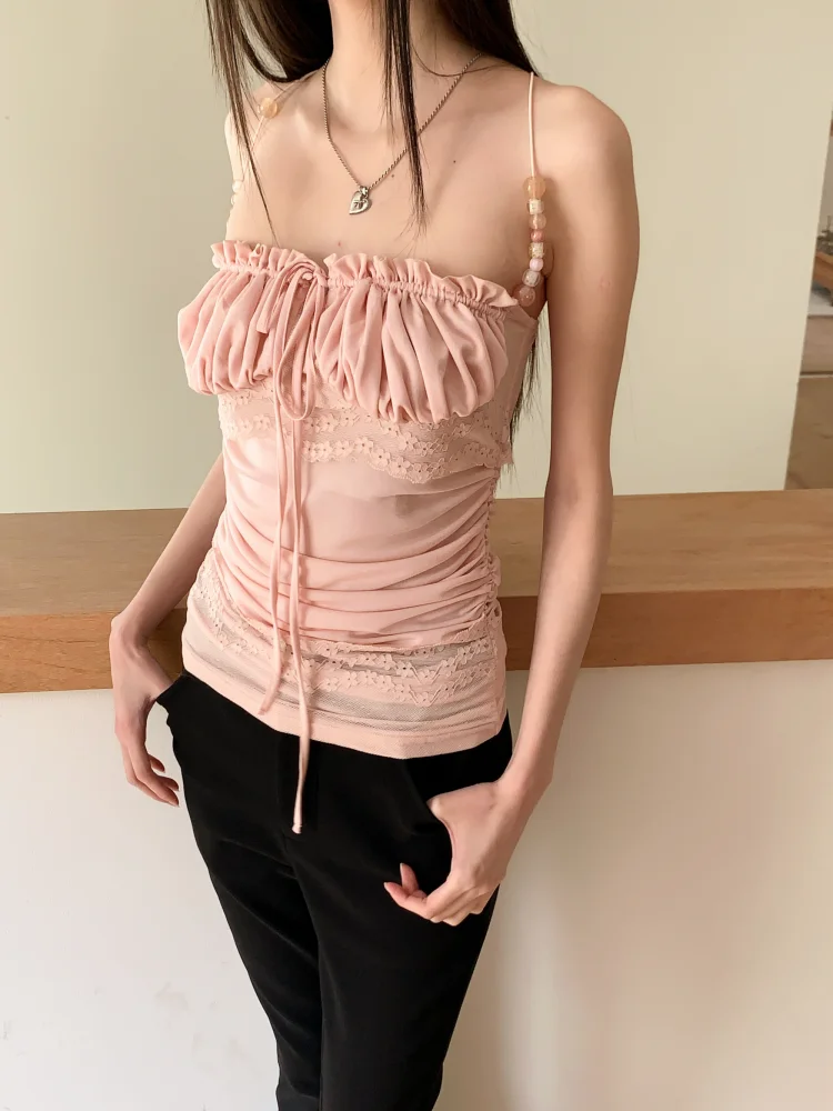 Cami Top Lace - เสื้อครอปสีชมพูประดับลูกปัด แต่งระบาย คอ halter สำหรับผู้หญิง ซัมเมอร์