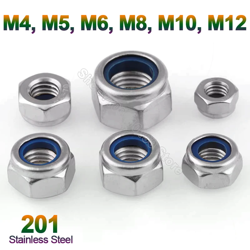 10-50Pcs M4 M5 M6 M8 M10 M12 SUS 201 Stainless Steel Hex Nylon Insert Lock Nuts Hexagon Self-locking Locknut Nylock Nut Locknut