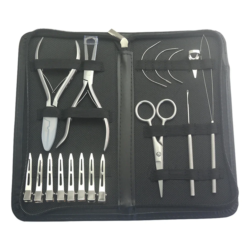 Seventeen-piece set of hair extension pliers, bead stringer, hook pin, small scissors, hair clip, curved hair distribution ring