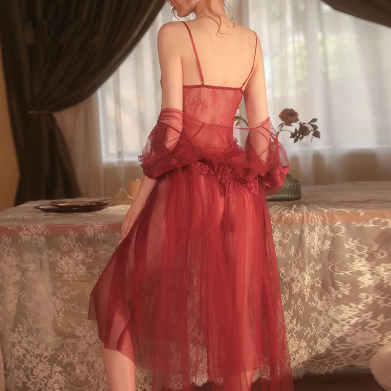 Female Lace Long Bathrobes NightgownV-neck pajamas Soft Silk Dressing Gown For Women Sleepwear Ladies Sexy Sleepwear