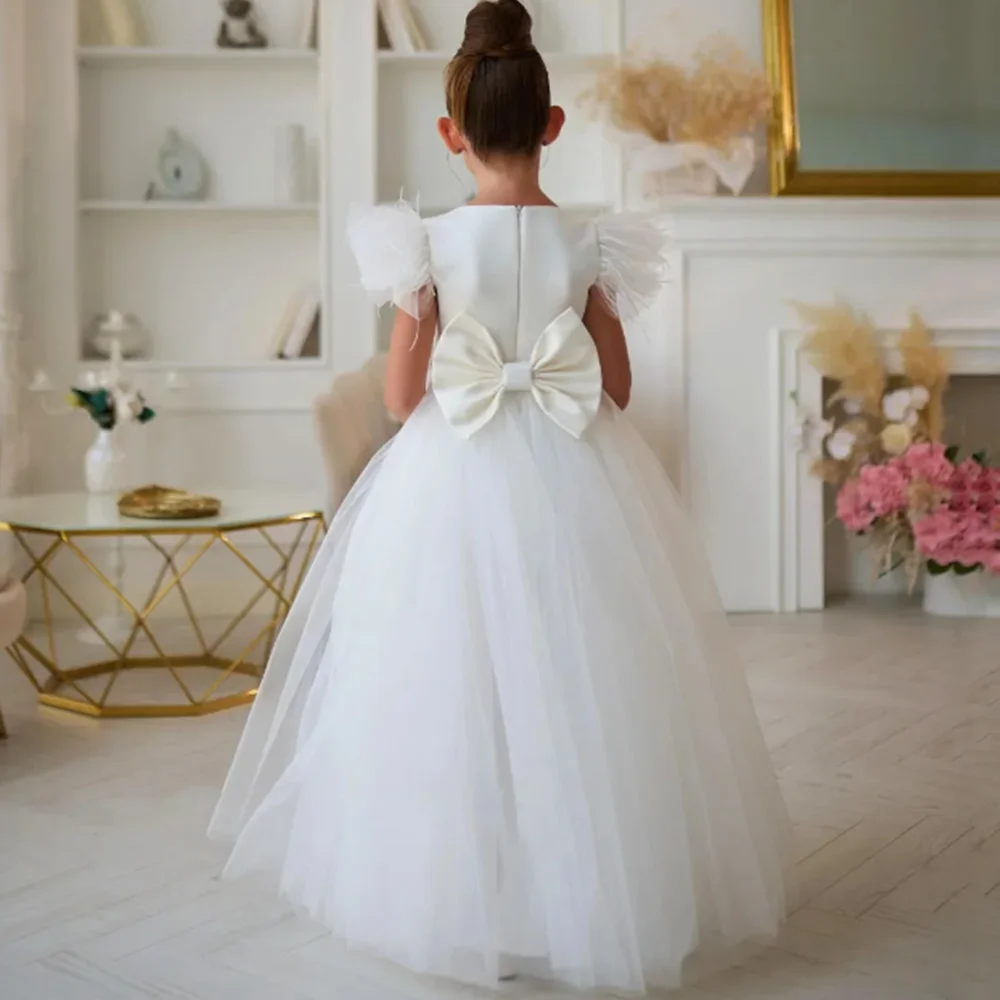 Abiti da ragazza di fiore avorio personalizzati per matrimonio Tulle Piuma Puffy Elegante abito da spettacolo per prima comunione per occasioni formali per bambini