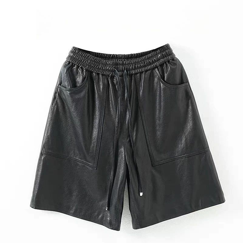 2025 Spring Women's Genuine Leather Shorts Female Handsome Straight High Waist Suit Shorts Casual Wide elastic waist