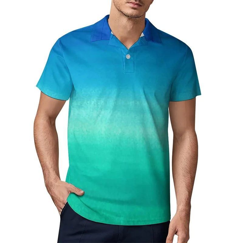 Simple Gradual Change Graphic Polo Shirts For Men Gradient 3D Printed Tees Summer Loose Sport Short Sleeves Lapel Button Tops