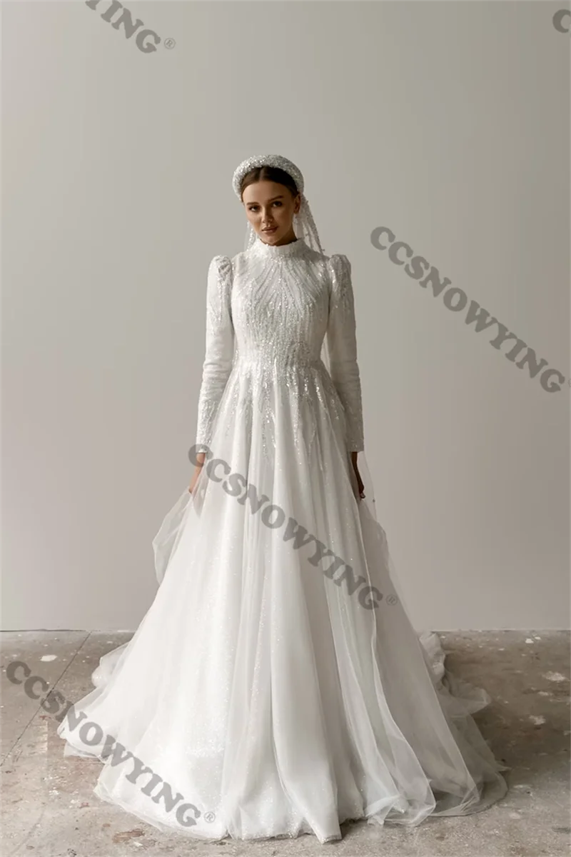 Vestido De novia musulmán con apliques De tul De lujo, vestido De novia árabe De manga larga, cuello alto, Hijab