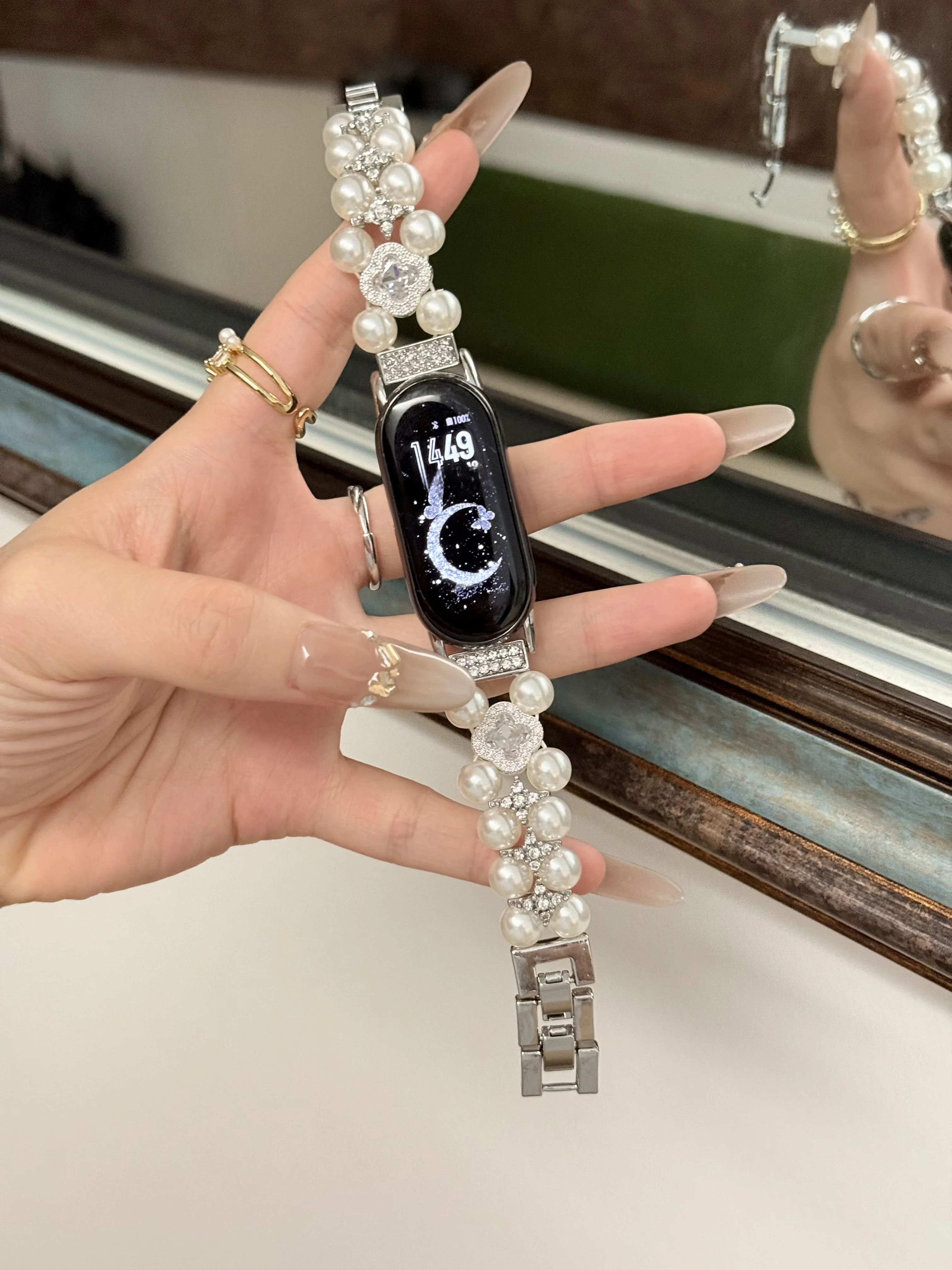 

Double row pearl studded diamond strap suitable Xiaomi Band 8Pro/9Pro，For Mi band 3/4/5/6/7，8/8NFC/9/9NFC/10/10NFC，For Redmi Wat