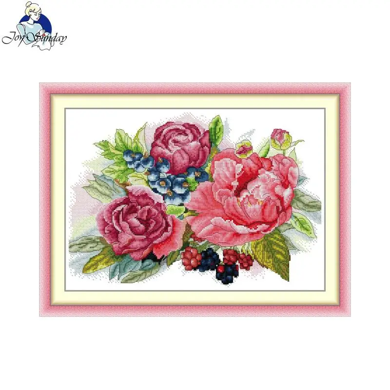 Joy Sunday Cross Stitch Kit Flowers Berries HD Pattern Aida 16CT 14CT 11CT DMC Threads DIY Hand Embroidery Kit Art Craft New Hot