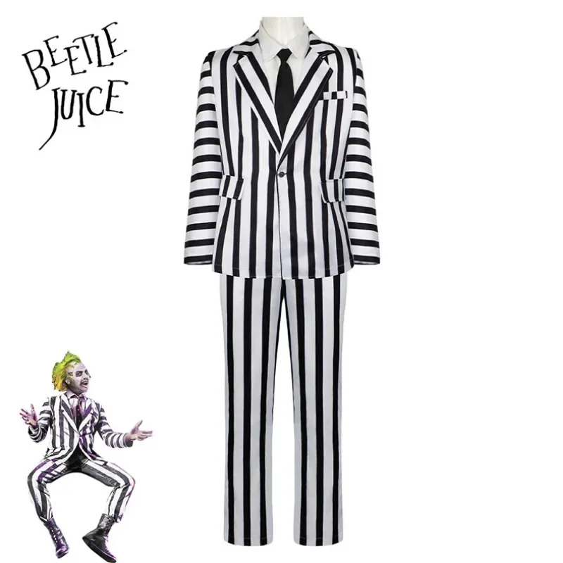 Anime Cosplay Beetle Juicee Men Black and White Striped Suit Scary Halloween Costumes Wig Tie Shirt for Cosplay Party 0010