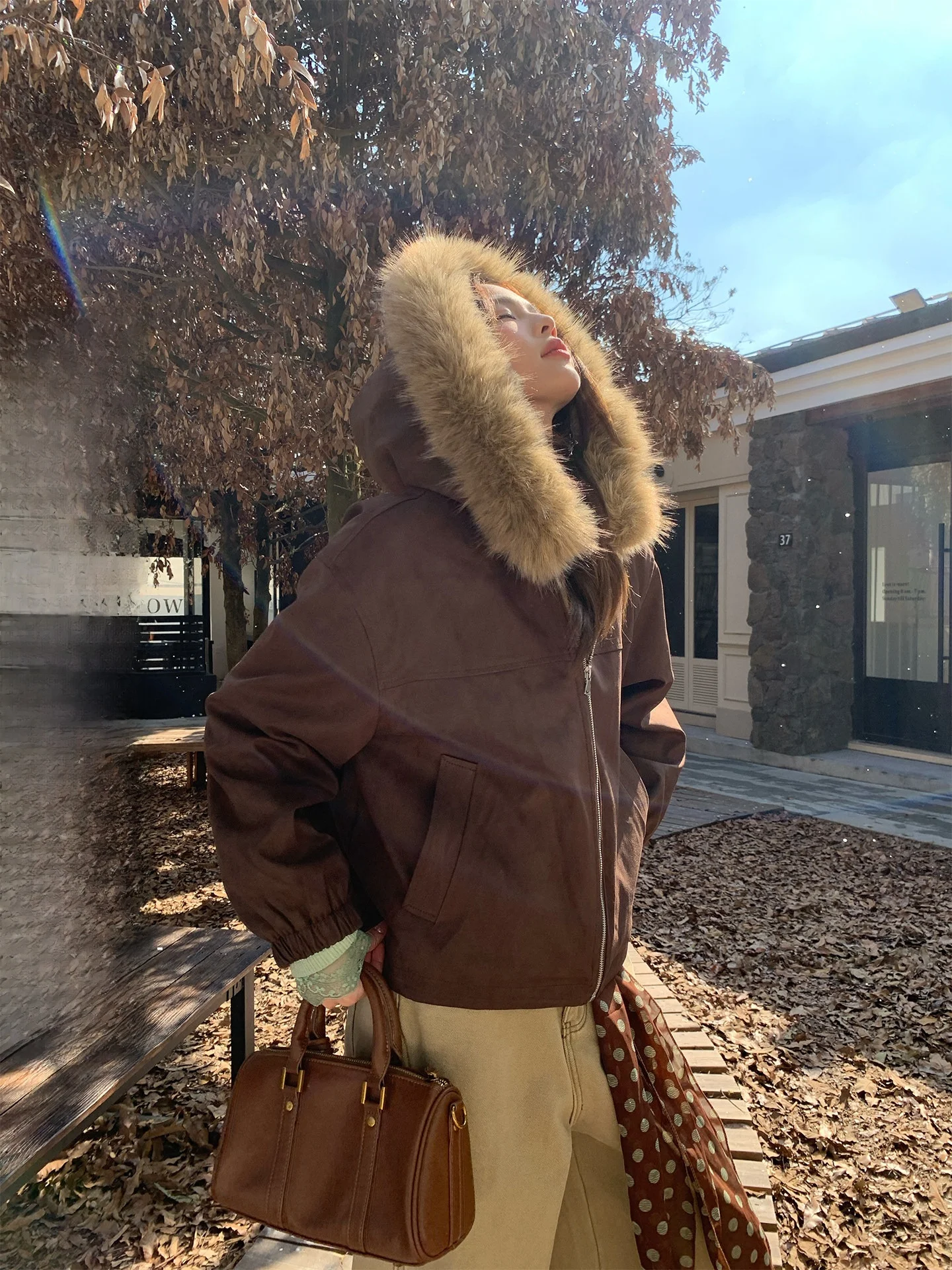 

Женский коричневый замшевый открытый кардиган на подкладке, пальто ort Sle, зимняя теплая свободная дизайнерская корейская шапка, интегрированная верхняя одежда