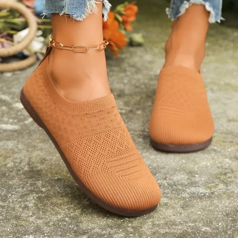 2024 Women's Flat Shoes Summer Solid Color Knitted Non-Slip Flat Shoes Casual Breathable Ballet Soft Women's Net Shoes Loafers