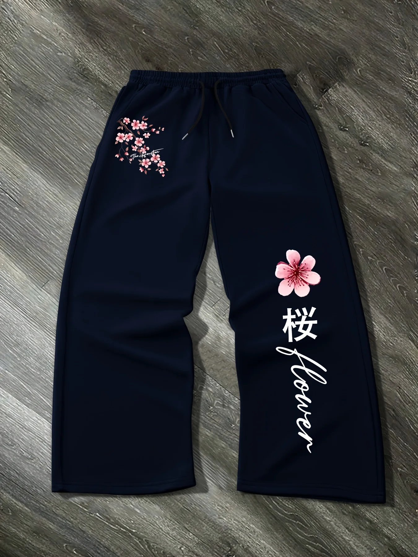 Men's Autumn Cherry Blossom Print Straight-Leg Fleece Sweatpants Casual Stylish and Versatile Suitable for Sports and Daily Wear
