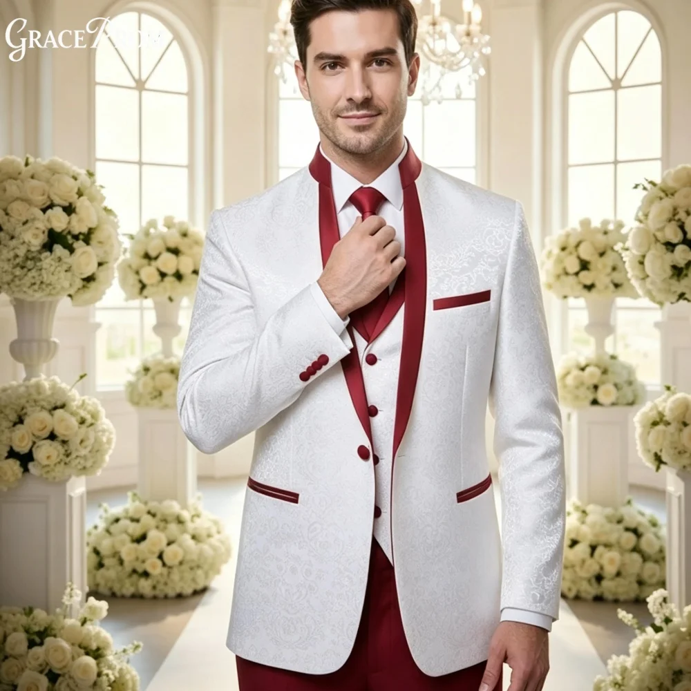 Glamorous White Burgundy Jacquard Men Suit Set 3PCS 2027 For Wedding Formal Business Groom And Best Man Customized Men's Suit