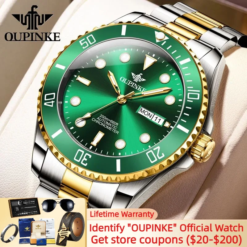 

OUPINKE Japan ​Automatic Movement Watch for Men Luxury Green Water Ghost Sapphire Mirror Stainless Steel Men's Wristwatches New