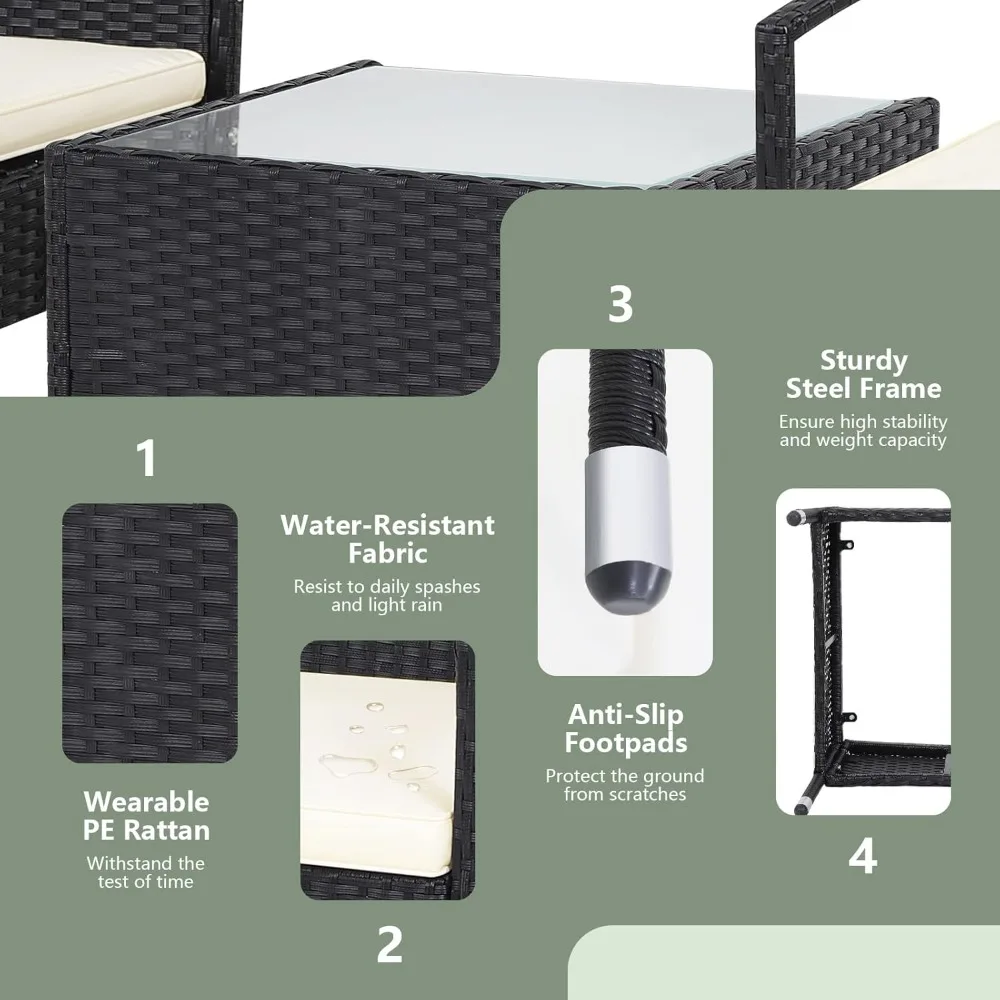 3-Piece Patio Furniture Set - Rattan Conversation Set, Wicker Bistro Set w/2 Chairs, Glass Coffee Table, Steel Frame,