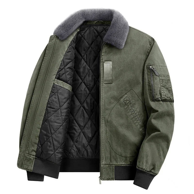 Autumn Winter Fleece Detachable Fur Collar Padded Jacket Men's Warm Casual Outerwear