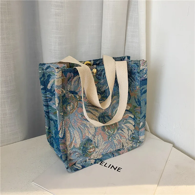 Customize Oil Painting Large-capacity Womens Designer Tote Bags Linen Reusable Shopping Bag for Groceries Shoulder Bags for Lady