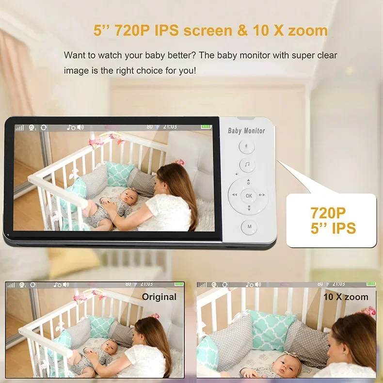 Baby Monitor 5.0 Inch Wireless Video No WiFi No APP Downloading IPS Screen with Nanny PTZ Camera 2-way Audio VOX Lullaby ABM700