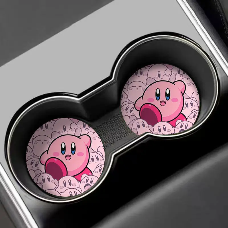 Kawaii Kirby Car Coaster Cute Anime Cartoon Water Cup Slot Storage Mat Car Decoration Thickened Non-slip Accessory Couple Gift