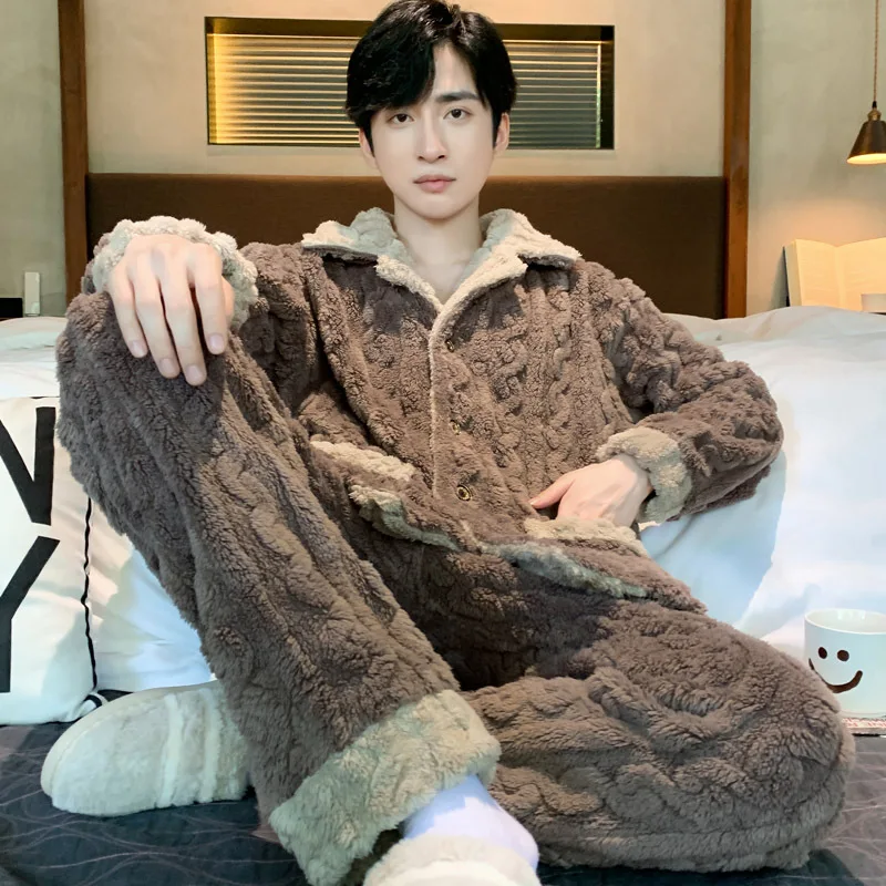 Men's Warm Autumn Winter Pajamas Set Homewear Long-sleeved Trousers Two-piece Set Thick High Quality Sleepwear Suit Home Clothes