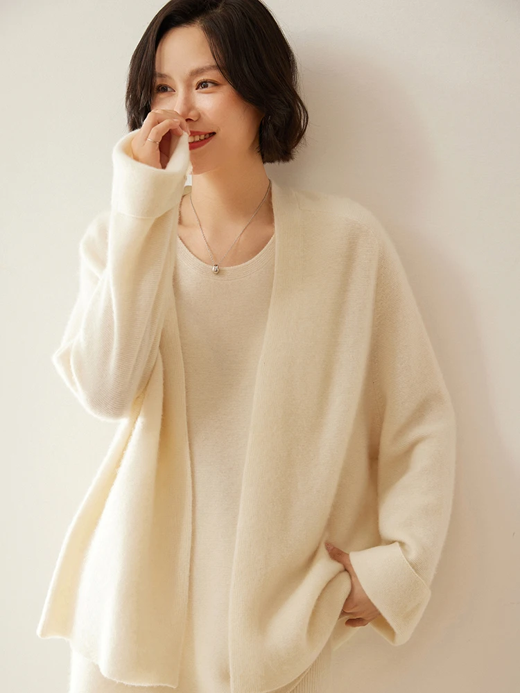 

Women Warm Soft Cardigan Autumn Winter Temperament Long Sleeves 100% Cashmere Sweater Casual Loose Solid Korean Style Tops