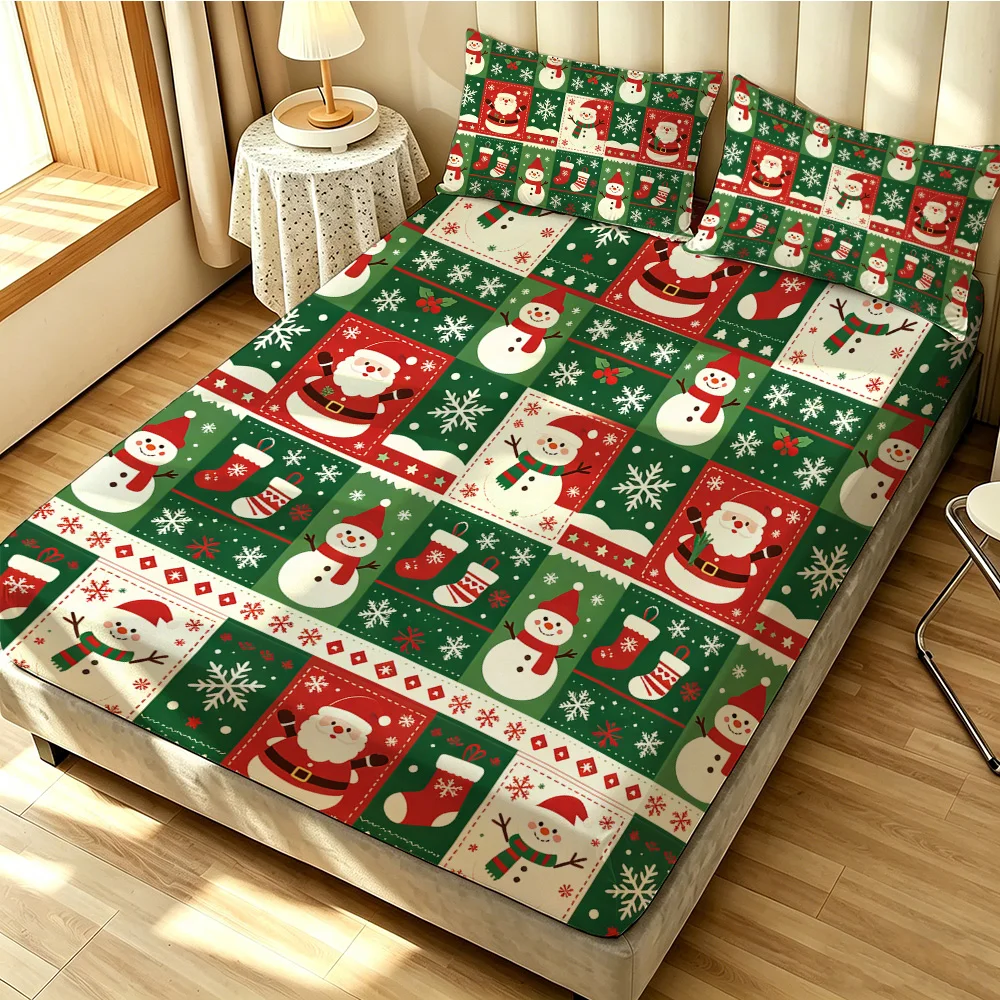3PCS Christmas Santa Snowman Snowflake Collage Duvet Cover Set No Insert Soft Machine Washable 1 Duvet Cover 2 Pillowcases Be