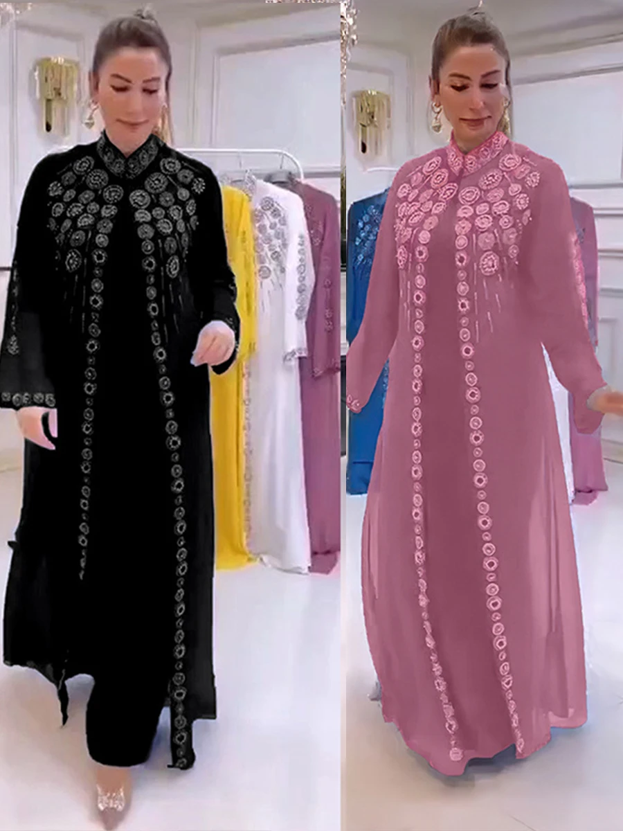 

Jalabiya Dresses Eid Muslim Women Chiffon Stand Collar Kaftan Long Sleeve Dress Abaya Party Ramadan Abayas Caftan Vestidos Largo