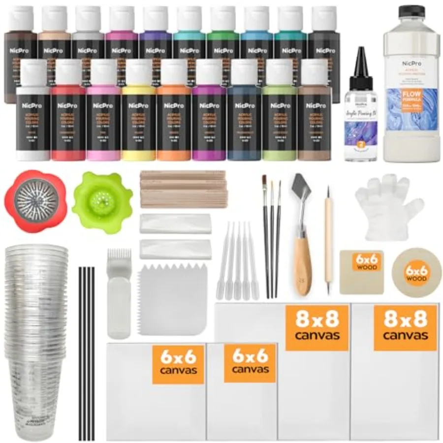 

Acrylic Pouring Kit, Artist Starter Supplies Including 19 Colors Acrylic Paints, Pouring Medium, Silicone Oil, Canvases, Gloves