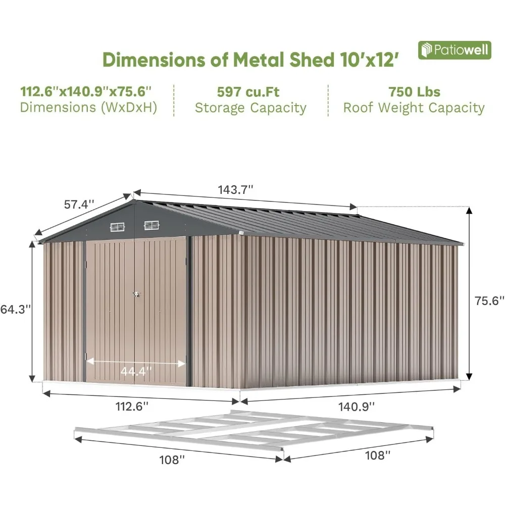 Cobertizo de almacenamiento de metal de 10x12 pies para exteriores con marco de piso, cobertizo para herramientas de jardín para todo tipo de clima con puerta bloqueable para patio trasero y patio