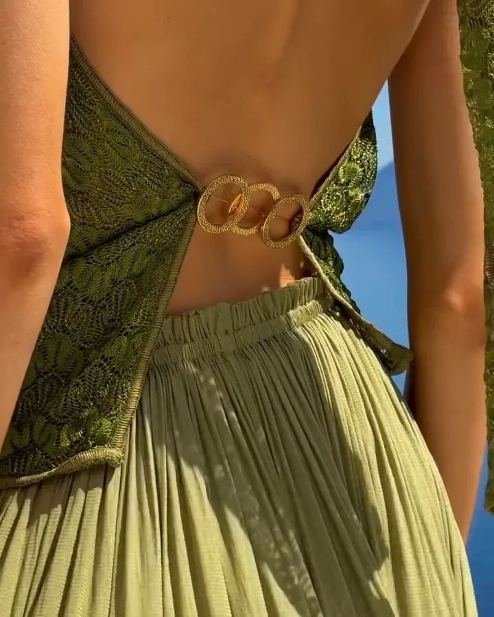 Texturizado renda sem costas assimétrico topo feminino saia conjunto verde profundo decote em v halter topos solto vestido longo 2025 verão outwear