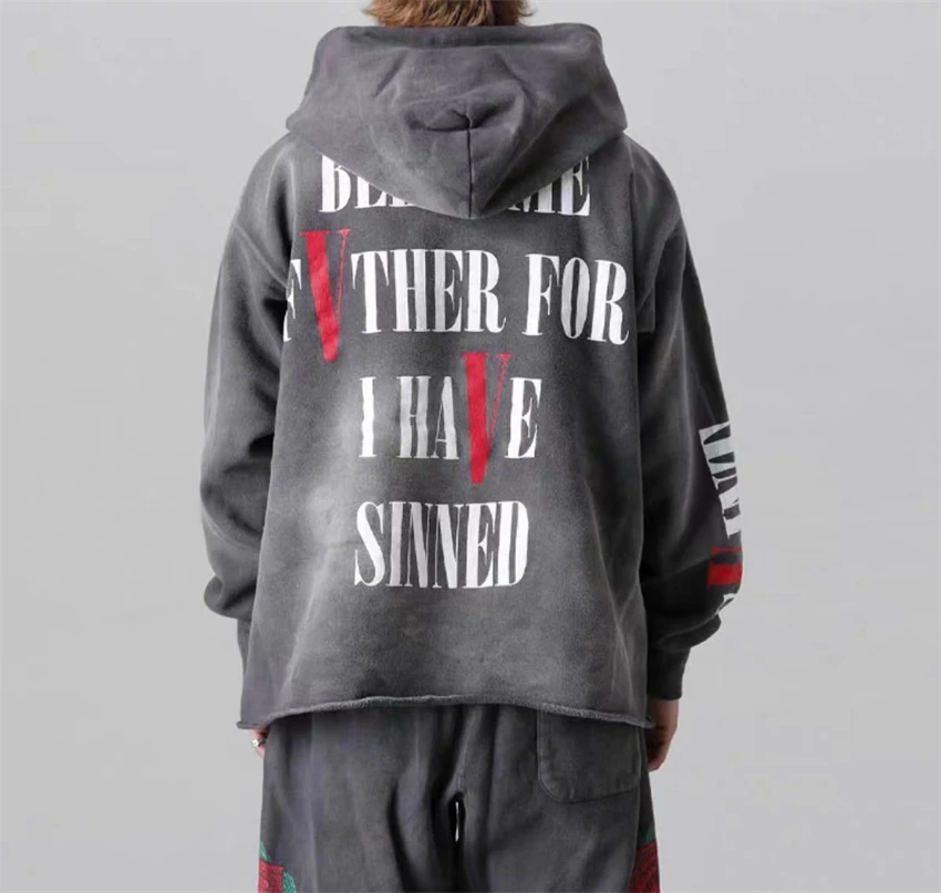 Vintage Washed V Letter Portrait Print High Street Rock Loose Hip Hop Fleece Hoodie Casual Cotton Trendy Oversize High Quality