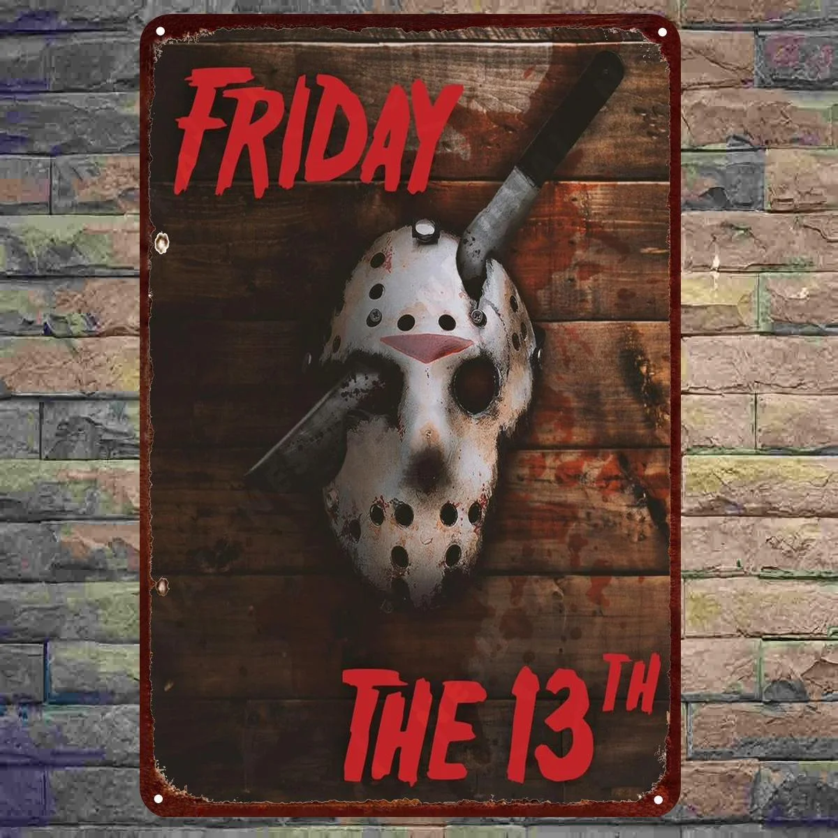 Vintage 'Friday the 13th' Tin Sign Wall Art Decor - Rustic Metal with Skeleton Mask Design, Perfect for
