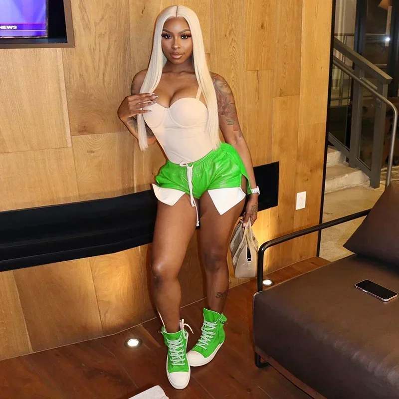 

GUWU Faux Leather Pocket Side Elastic Waist White Inner Patchwork Slit Side Shorts Summer Womem PU Shorts Trousers