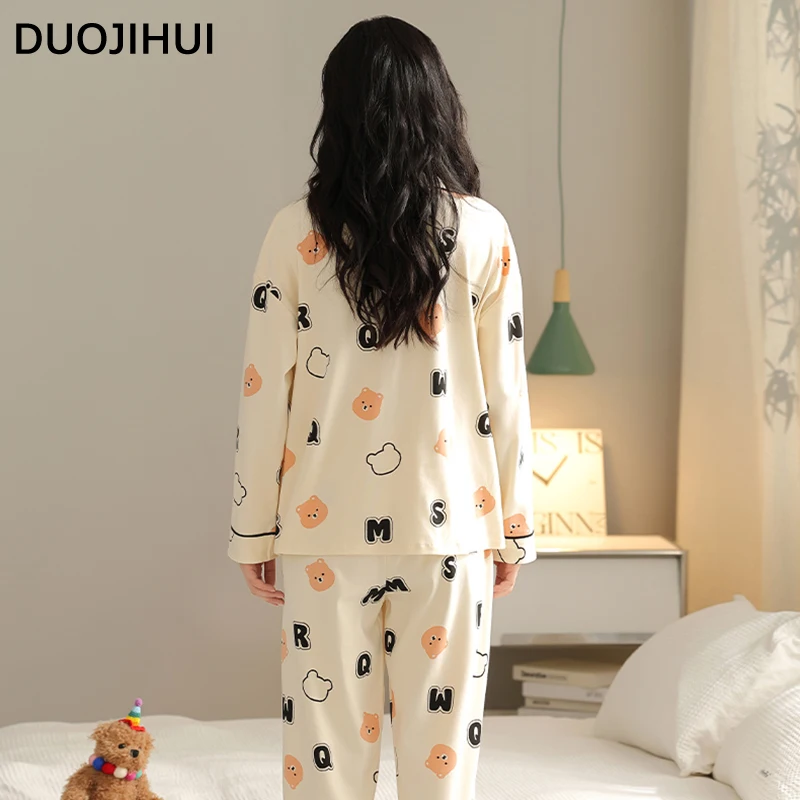 DUOJIHUI Two Piece New Fashion Print Female Sleepwear Autumn with Chest Pad Cardigan Basic Simple Pant Loose Women's Pajamas Set