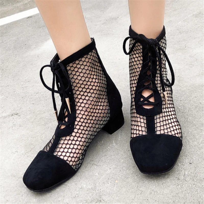 Hollow Out Women Summer Boots Mesh Gladiator Sandals Square Toe Low Heel Shoes Lace-up Ankle Botas Mujer Black Short Booties