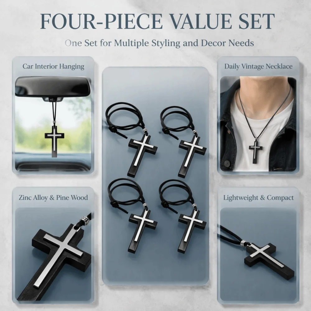 4pcs Pine Wood Material Wood Cross Zinc Alloy Frame Cross Shape Car Rearview Mirror Pendant Light Weight Smooth Surface